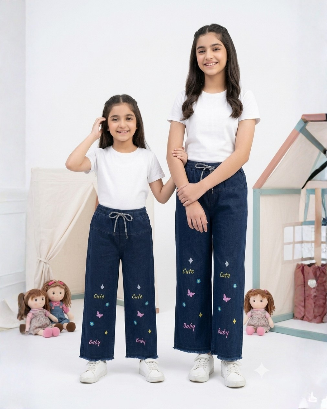 GIRL EMBROIDERED DENIM PANT - NAVY BLUE