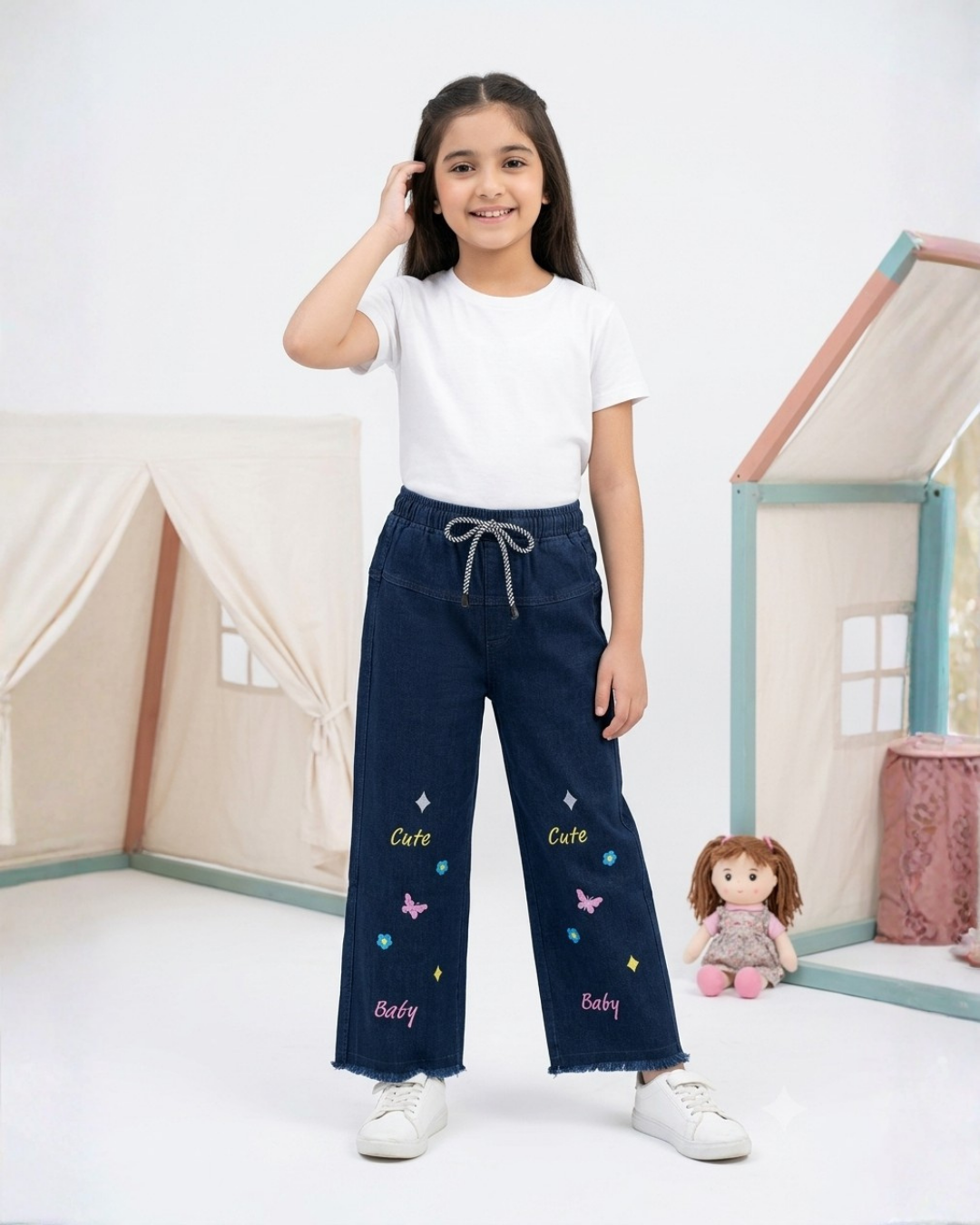 GIRL EMBROIDERED DENIM PANT - NAVY BLUE