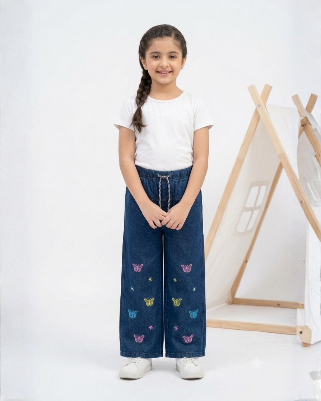 GIRL EMBROIDERED DENIM PANT - NAVY BLUE