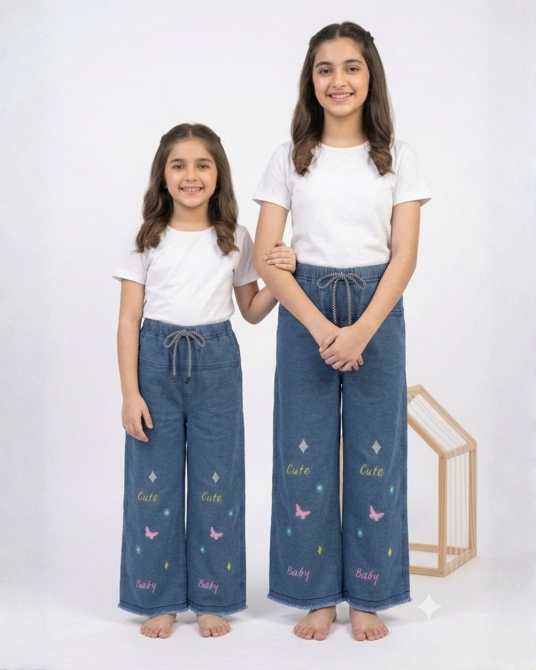 GIRL EMBROIDERED DENIM PANT - PURE BLUE