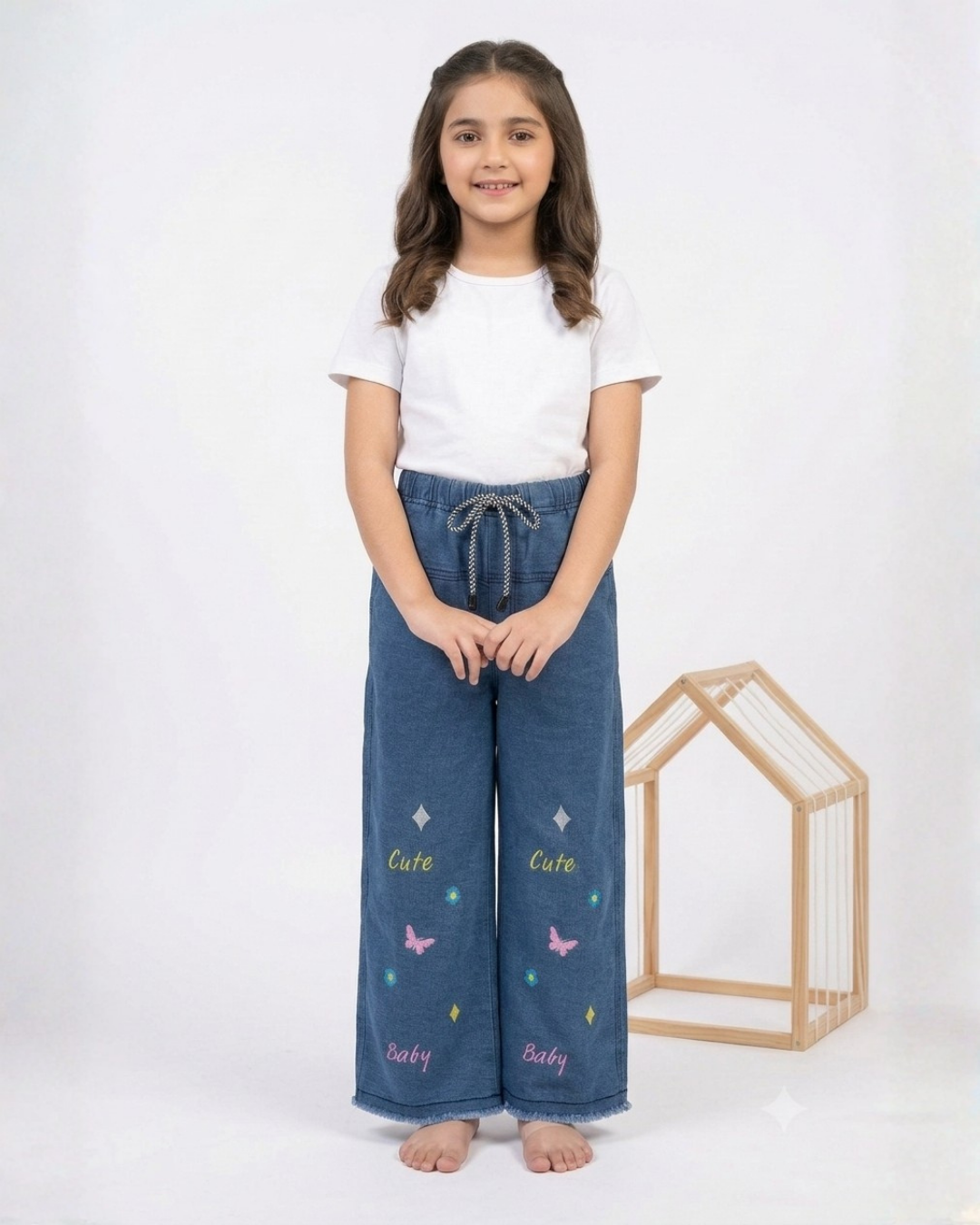 GIRL EMBROIDERED DENIM PANT - PURE BLUE