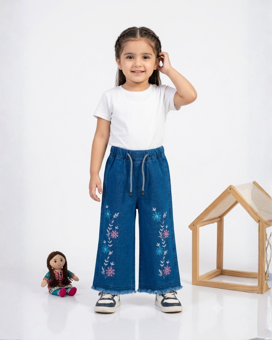 BABY GIRL EMBROIDERED DENIM PANT - NAVY BLUE