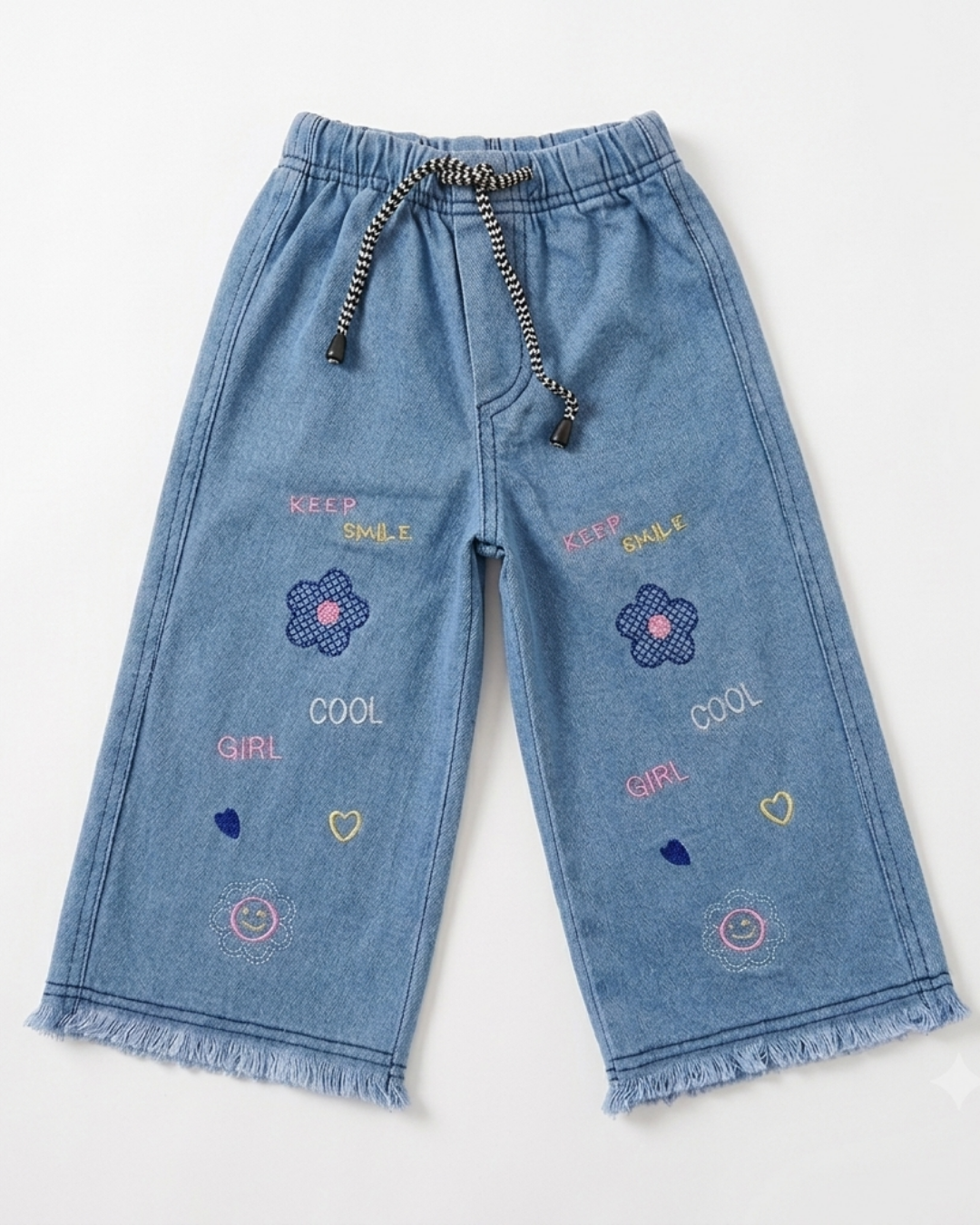 BABY GIRL EMBROIDERED DENIM PANT - TEXTURE BLUE