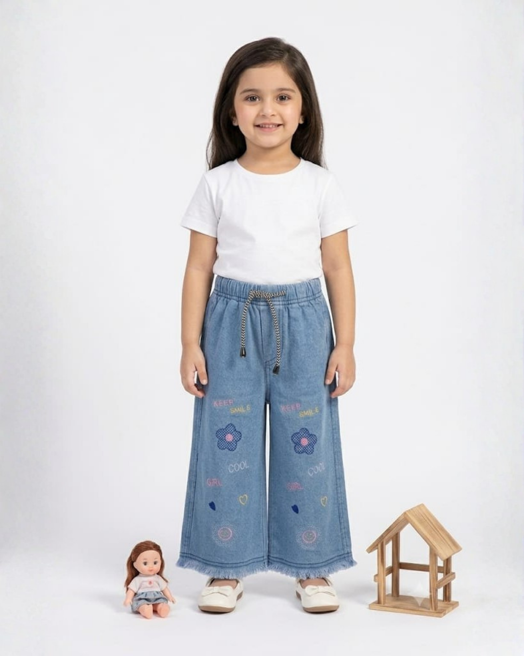 BABY GIRL EMBROIDERED DENIM PANT - TEXTURE BLUE