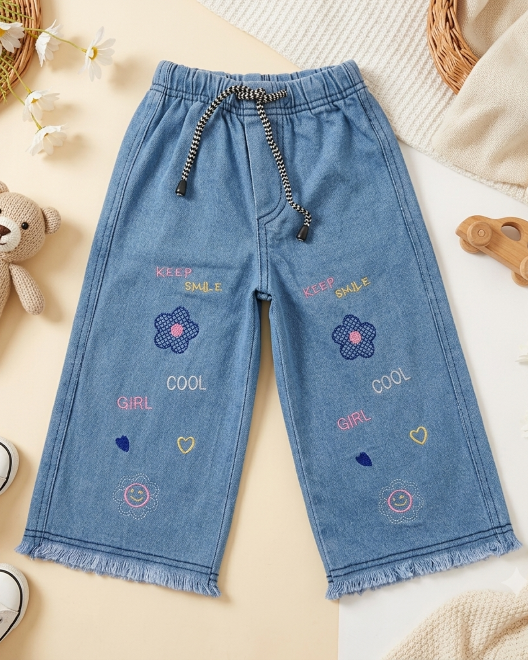BABY GIRL EMBROIDERED DENIM PANT - TEXTURE BLUE