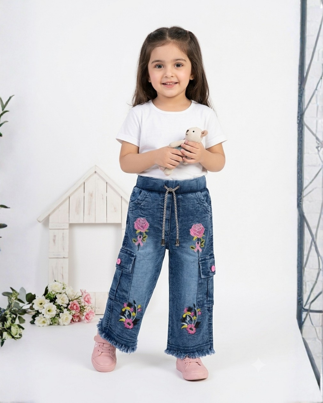 BABY GIRL EMBROIDERED CARGO PANT - DARK BLUE