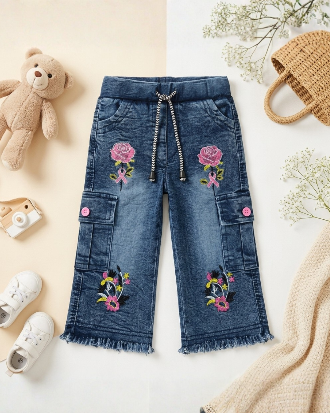 BABY GIRL EMBROIDERED CARGO PANT - DARK BLUE