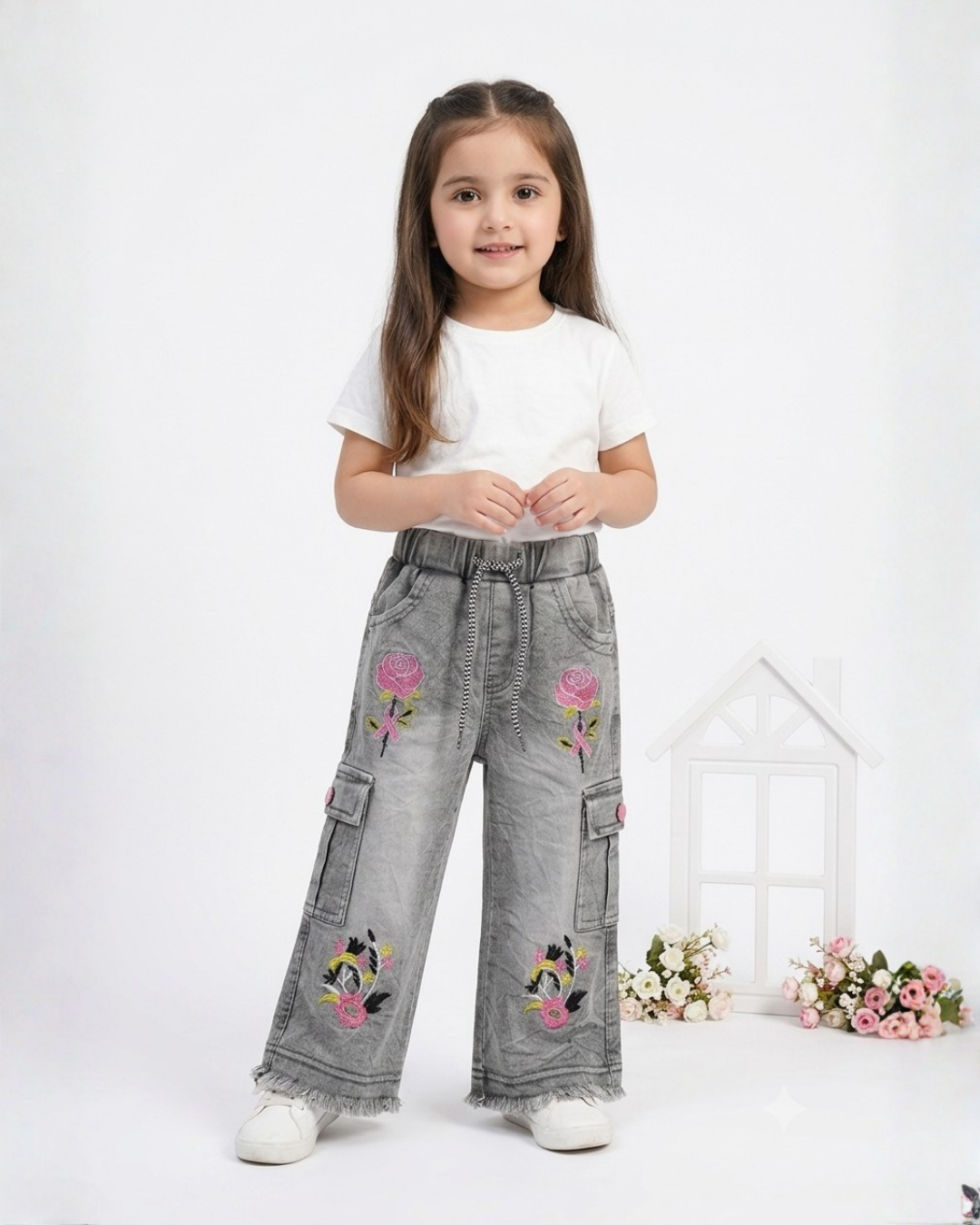 BABY GIRL EMBROIDERED CARGO PANT - FADE GRAY