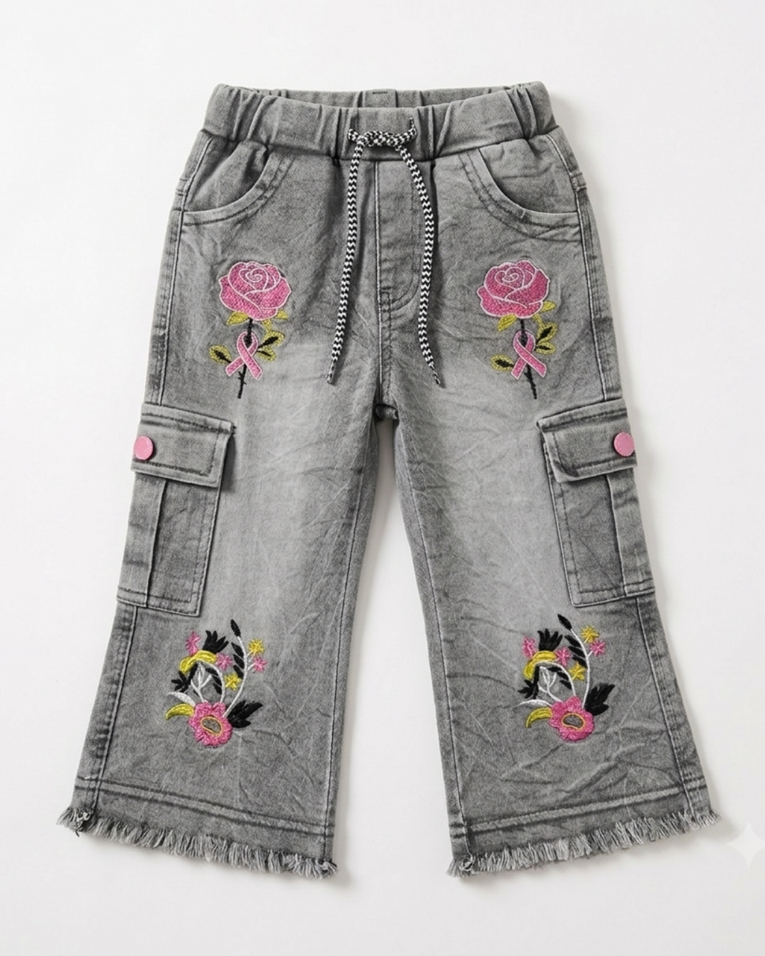 BABY GIRL EMBROIDERED CARGO PANT - FADE GRAY