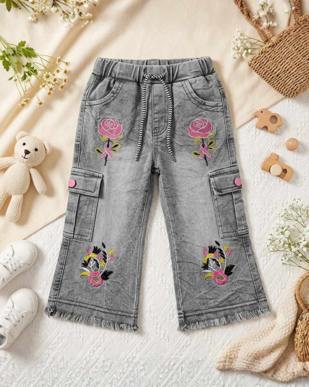 BABY GIRL EMBROIDERED CARGO PANT - FADE GRAY