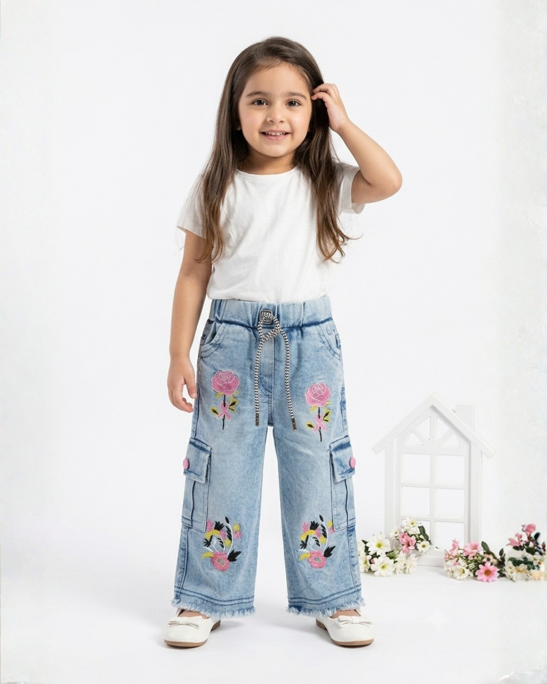 BABY GIRL EMBROIDERED CARGO PANT - LIGHT BLUE