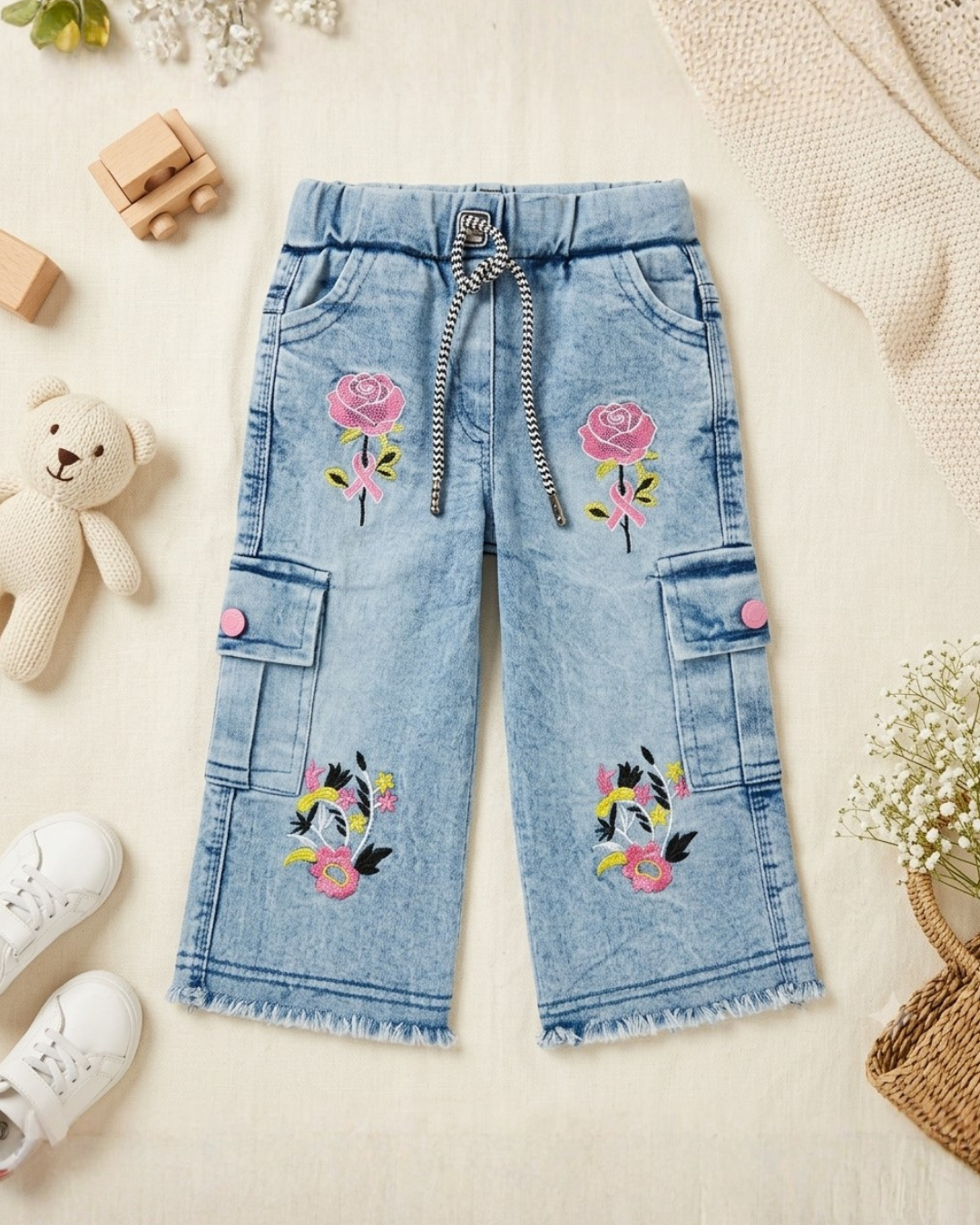 BABY GIRL EMBROIDERED CARGO PANT - LIGHT BLUE