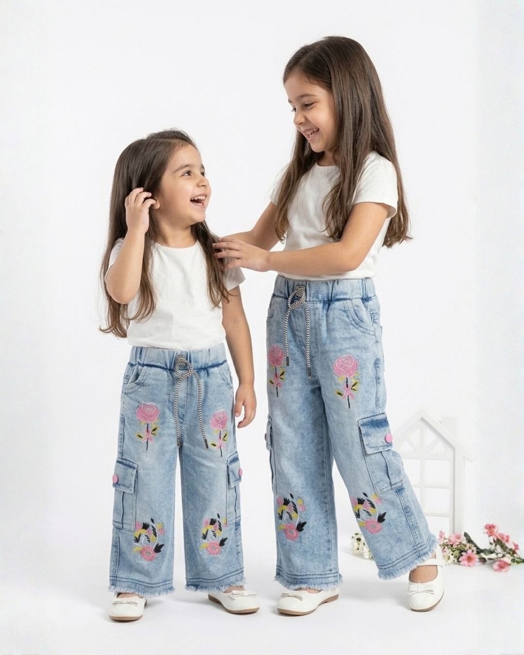 BABY GIRL EMBROIDERED CARGO PANT - LIGHT BLUE