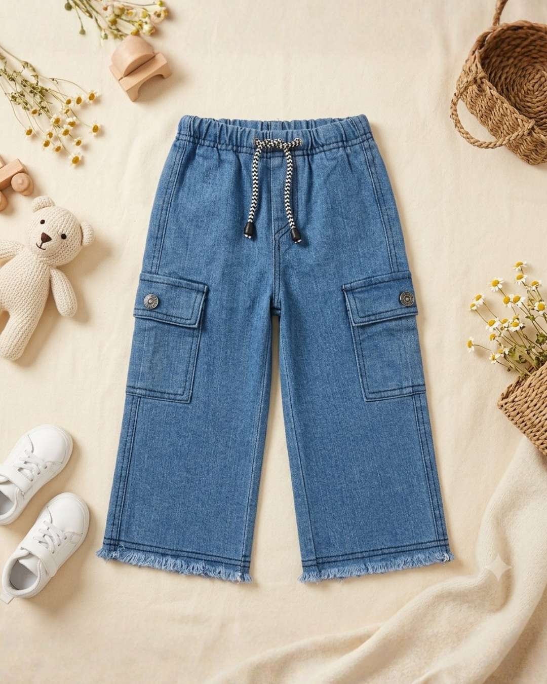 BABY GIRL PLAIN CARGO JEANS - PURE BLUE