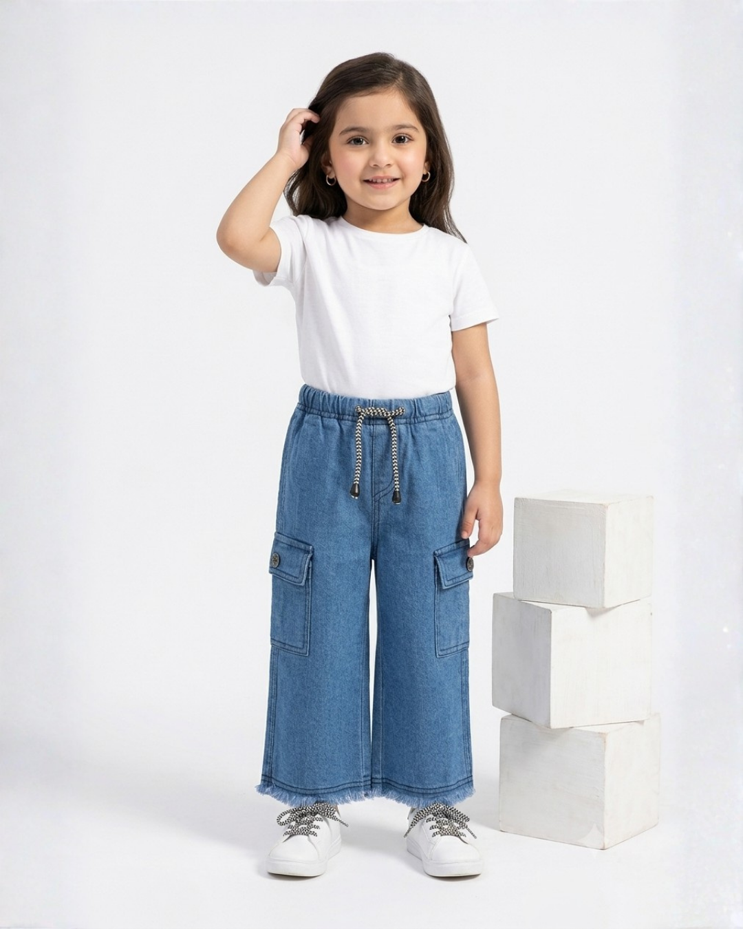 BABY GIRL PLAIN CARGO JEANS - PURE BLUE