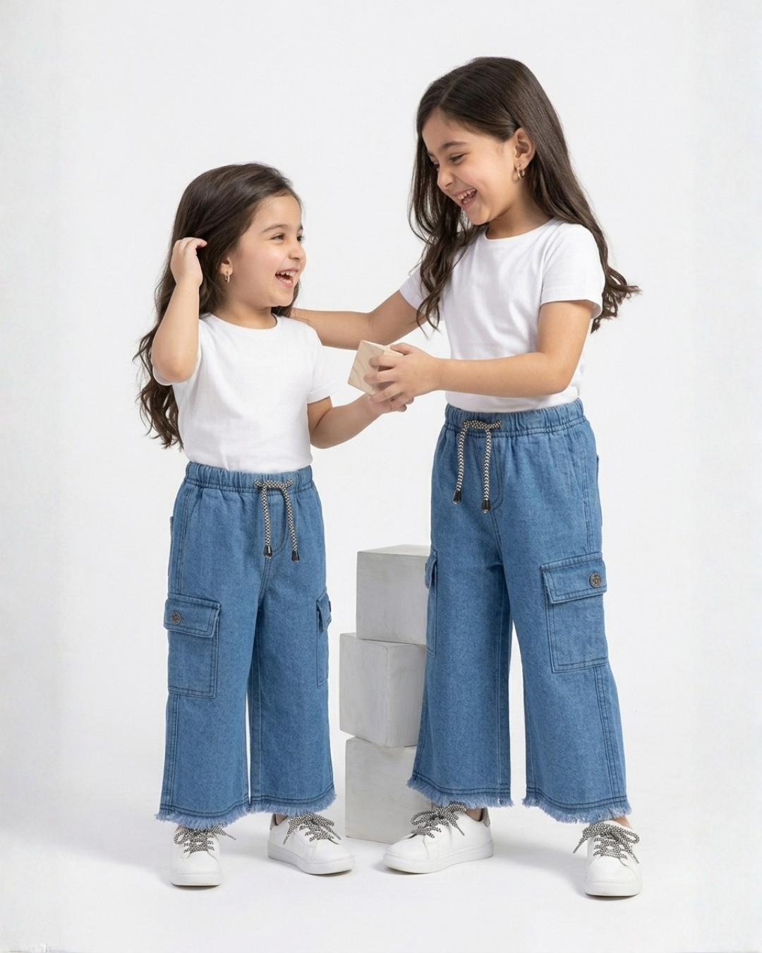 BABY GIRL PLAIN CARGO JEANS - PURE BLUE