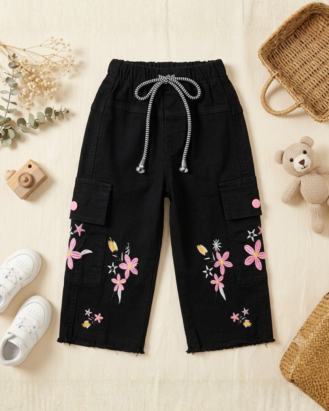 BABY GIRL EMBROIDERED DENIM JEANS - PURE BLACK
