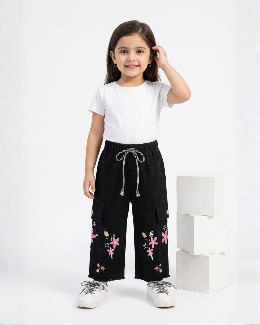 BABY GIRL EMBROIDERED DENIM JEANS - PURE BLACK