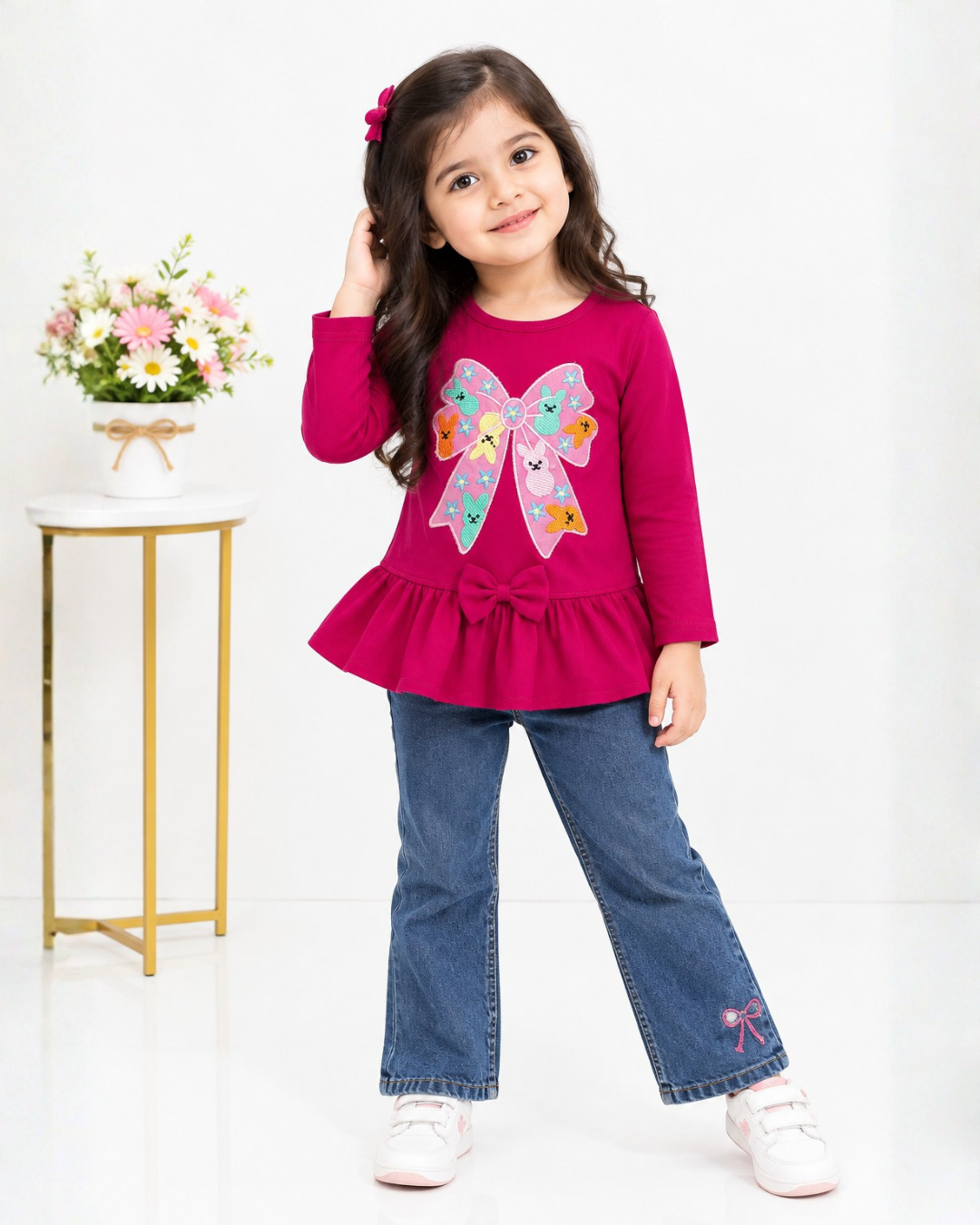 GIRLS COTTON EMBROIDERED TOP - CHERRY RED
