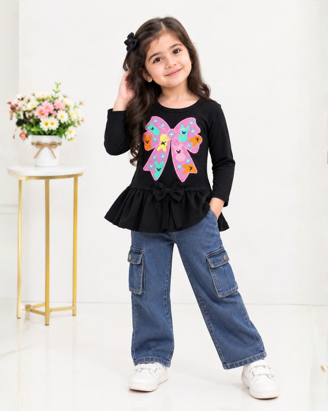 GIRLS COTTON EMBROIDERED TOP - BLACK