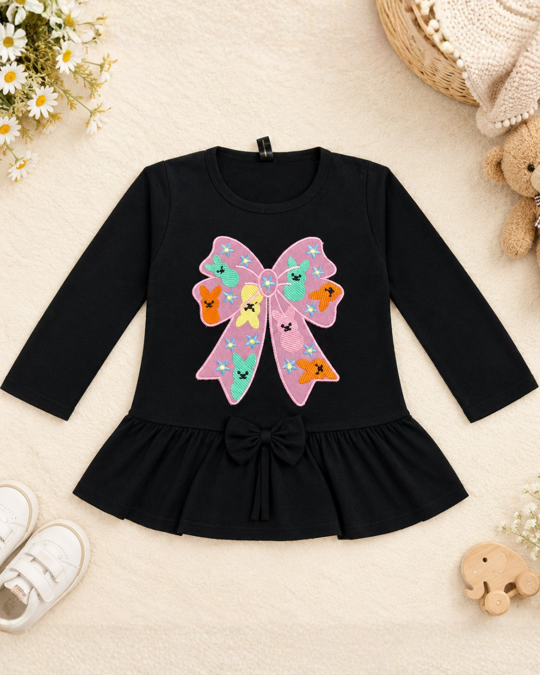 GIRLS COTTON EMBROIDERED TOP - BLACK