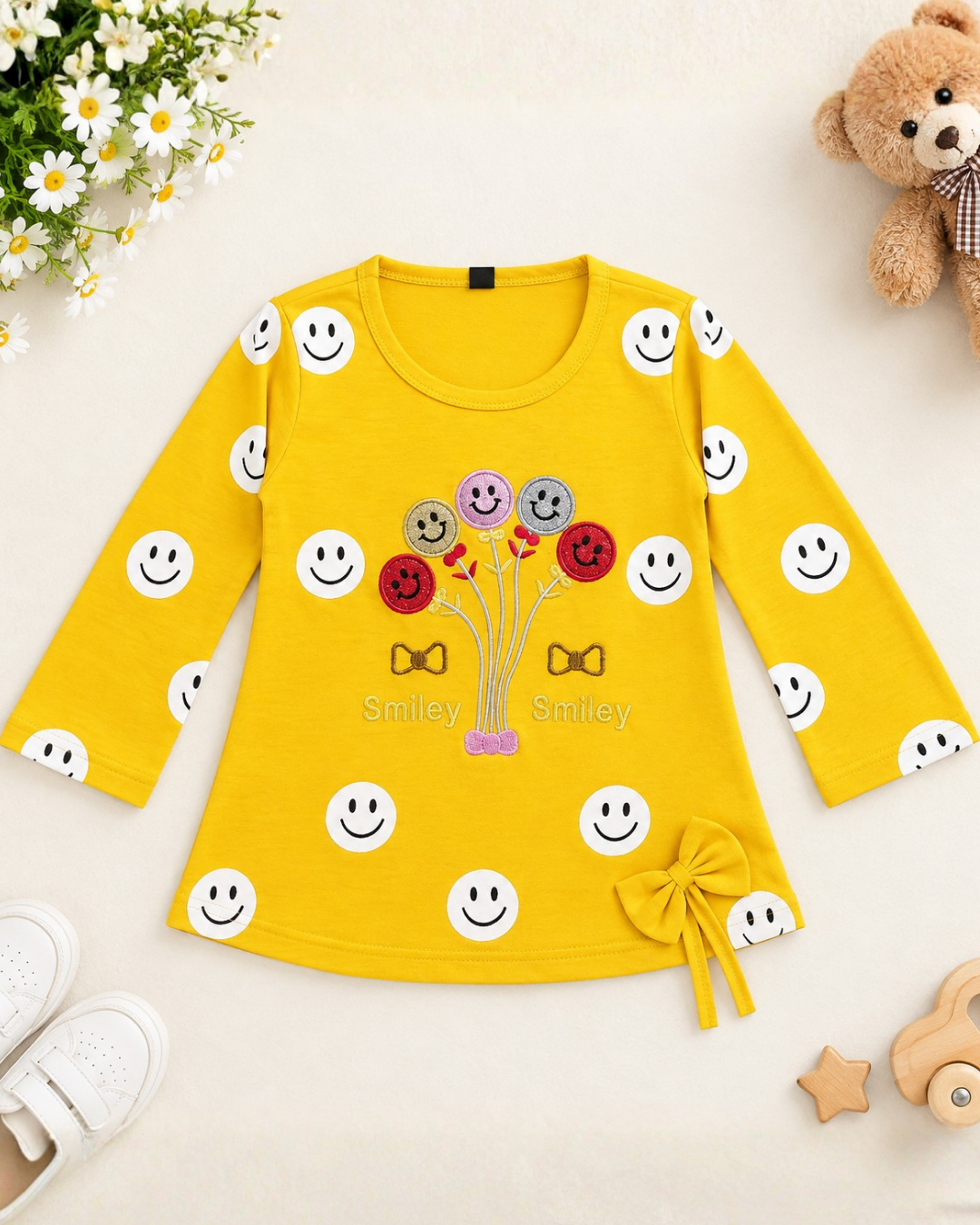 GIRLS COTTON EMBROIDERED TOP - YELLOW