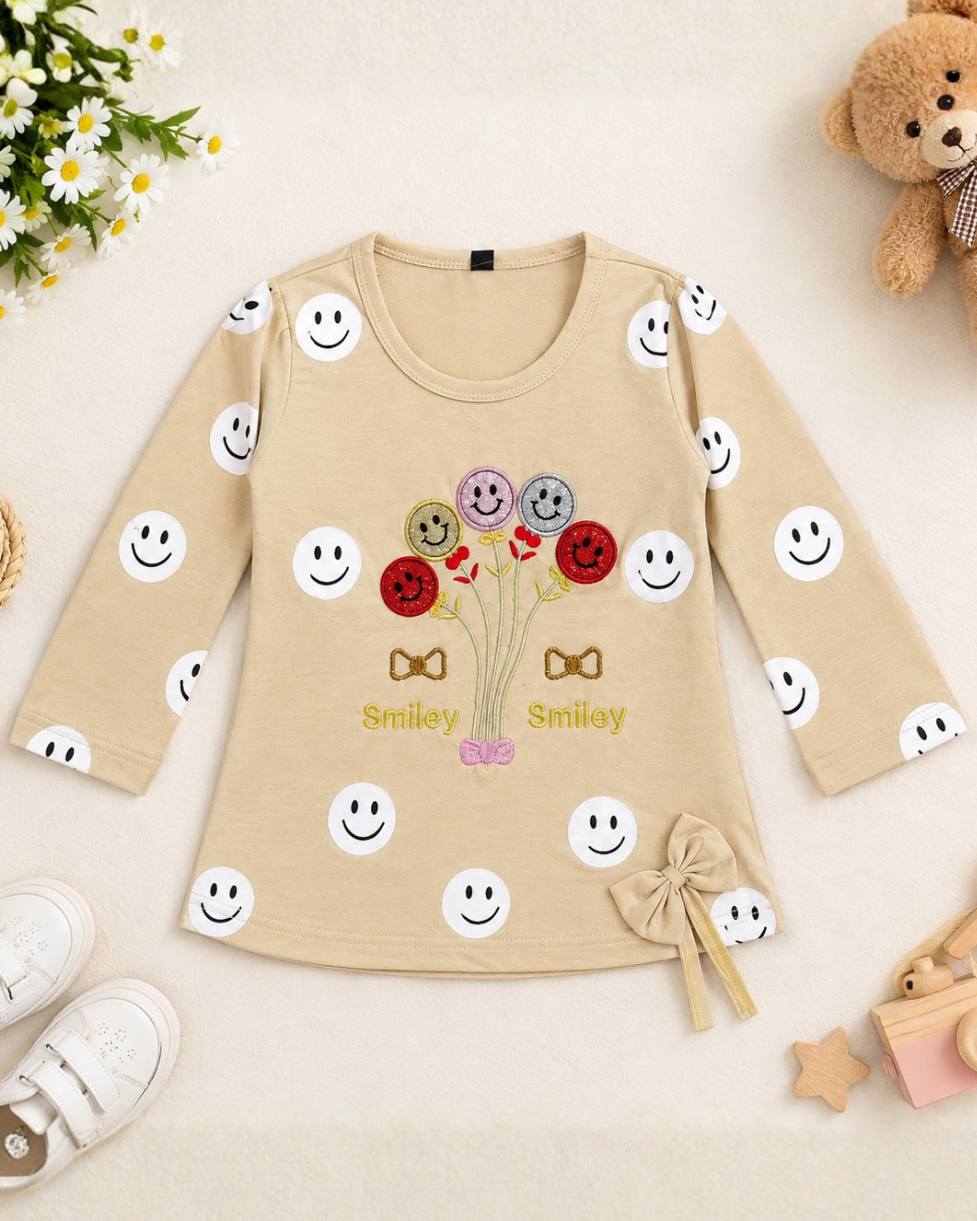 GIRLS COTTON EMBROIDERED TOP - BEIGE
