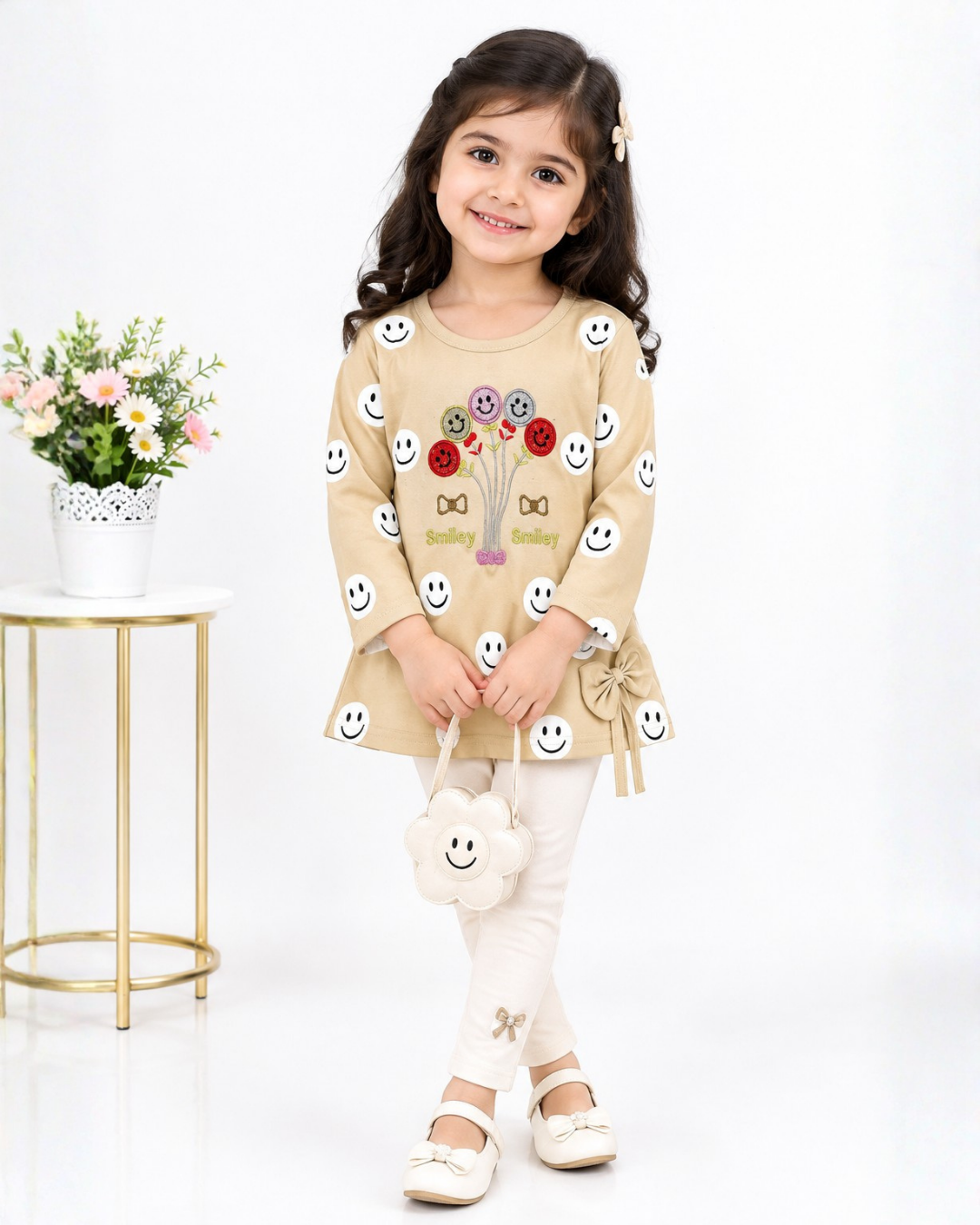 GIRLS COTTON EMBROIDERED TOP - BEIGE