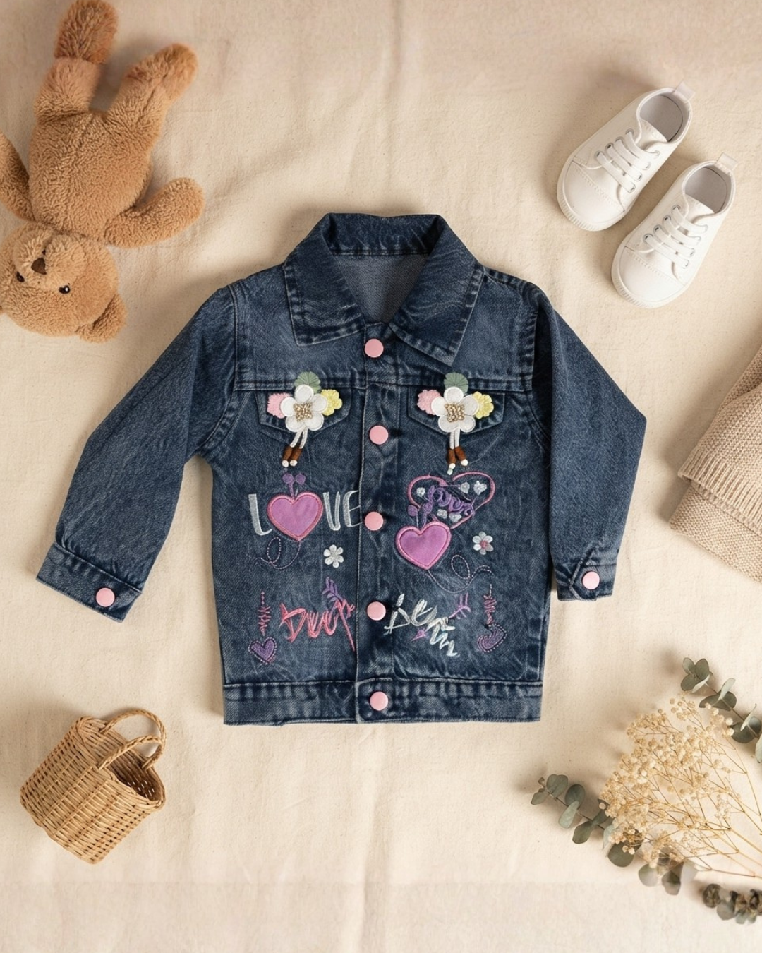 GIRLS EMBROIDERED DENIM JACKET - NAVY BLUE