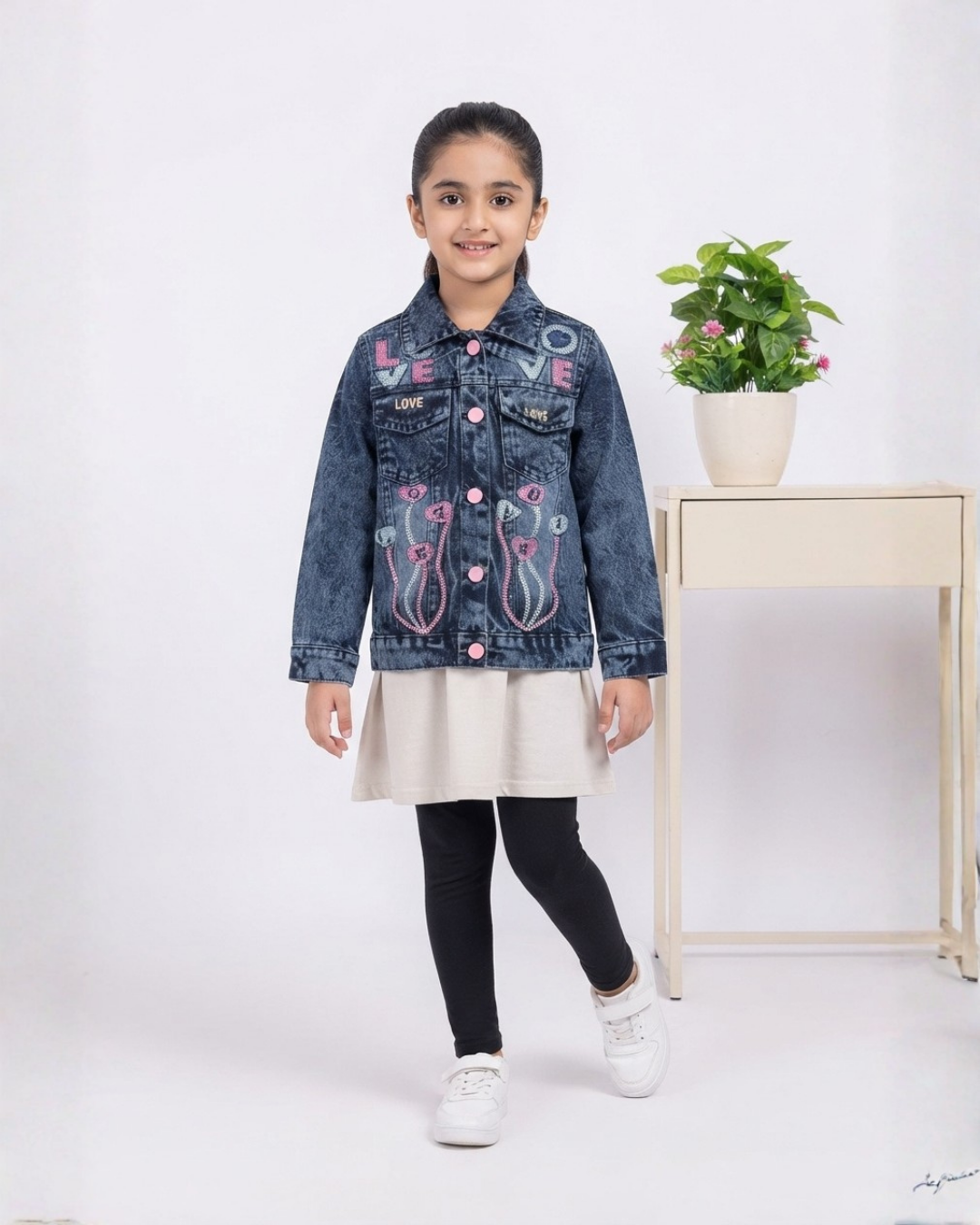 GIRLS EMBROIDERED DENIM JACKET - NAVY BLUE