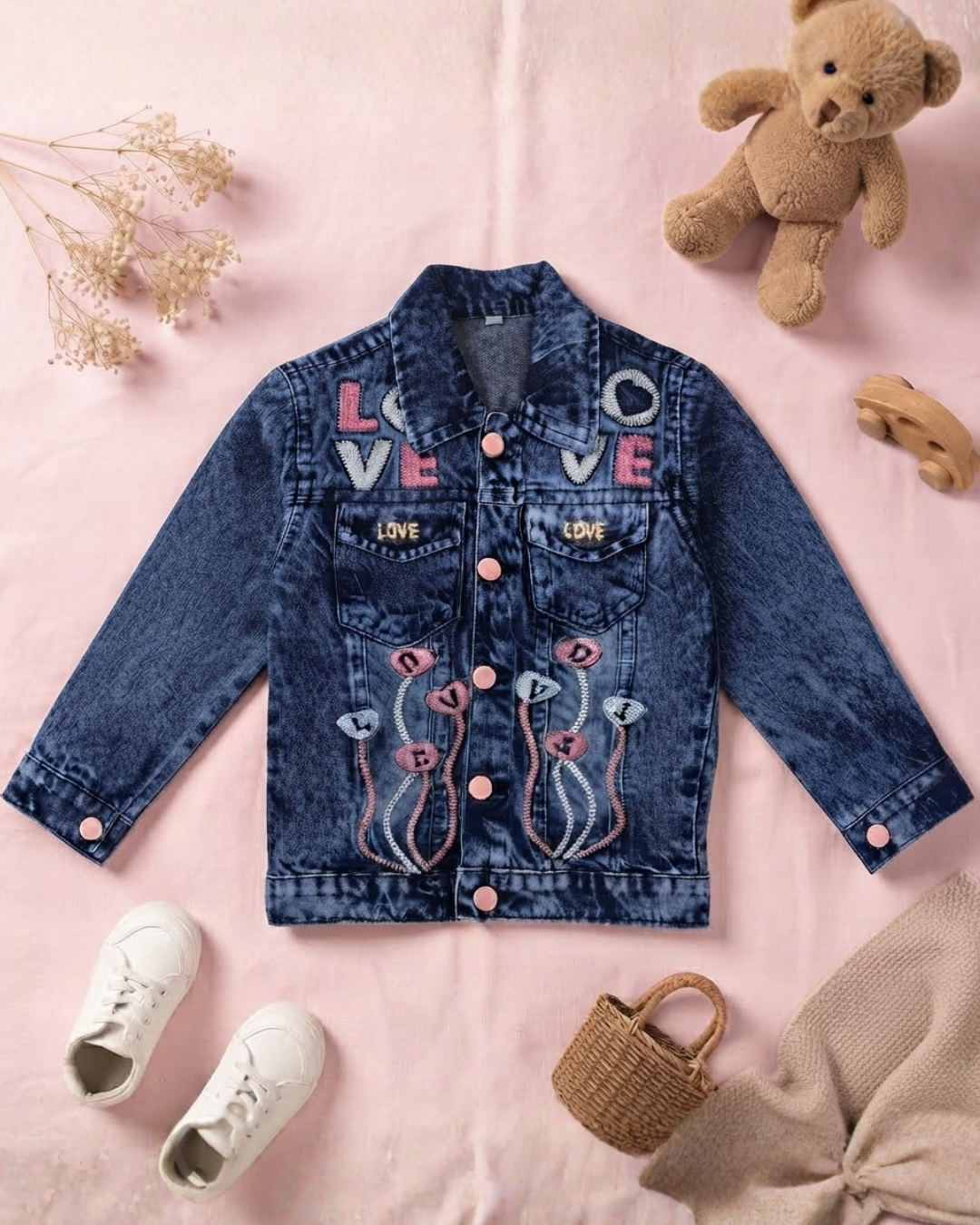 GIRLS EMBROIDERED DENIM JACKET - NAVY BLUE