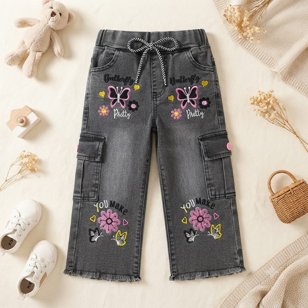 BABY GIRL EMBROIDERED DENIM JEANS - DARK GRAY