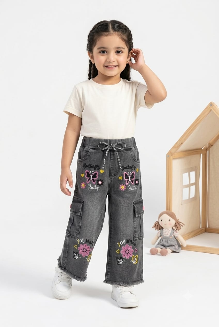 BABY GIRL EMBROIDERED DENIM JEANS - DARK GRAY