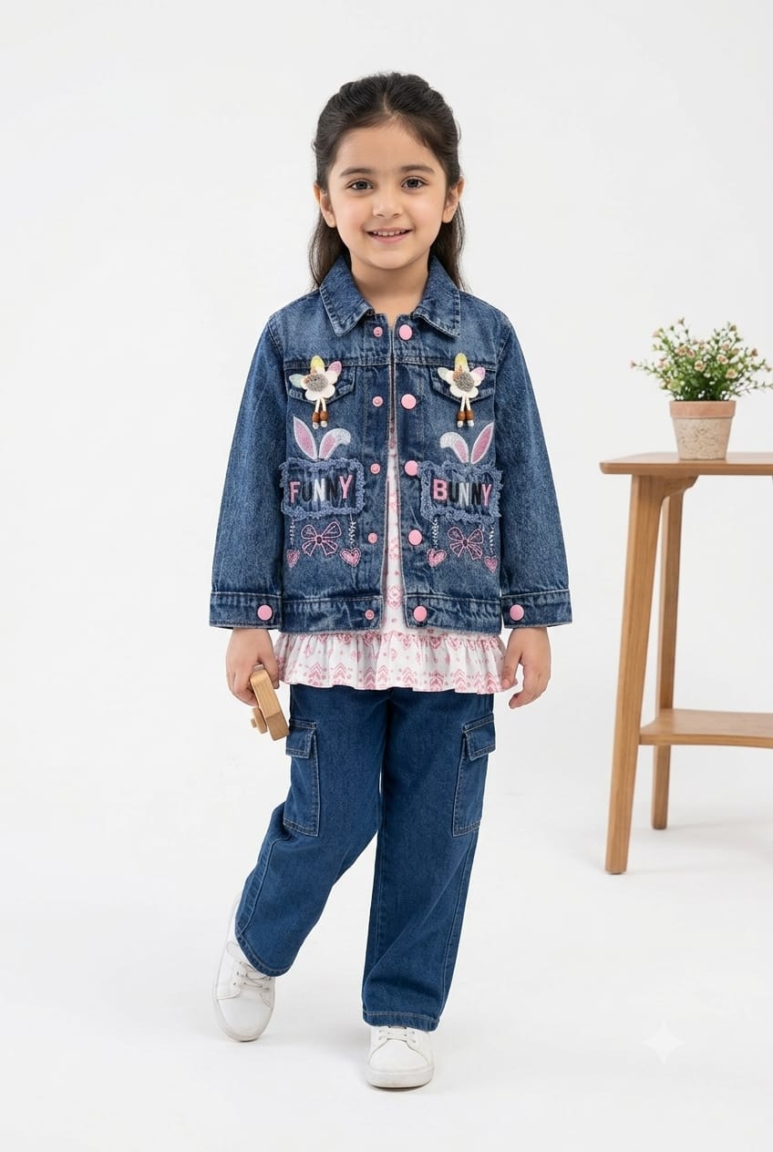 GIRLS EMBROIDERED DENIM JACKET - NAVY BLUE