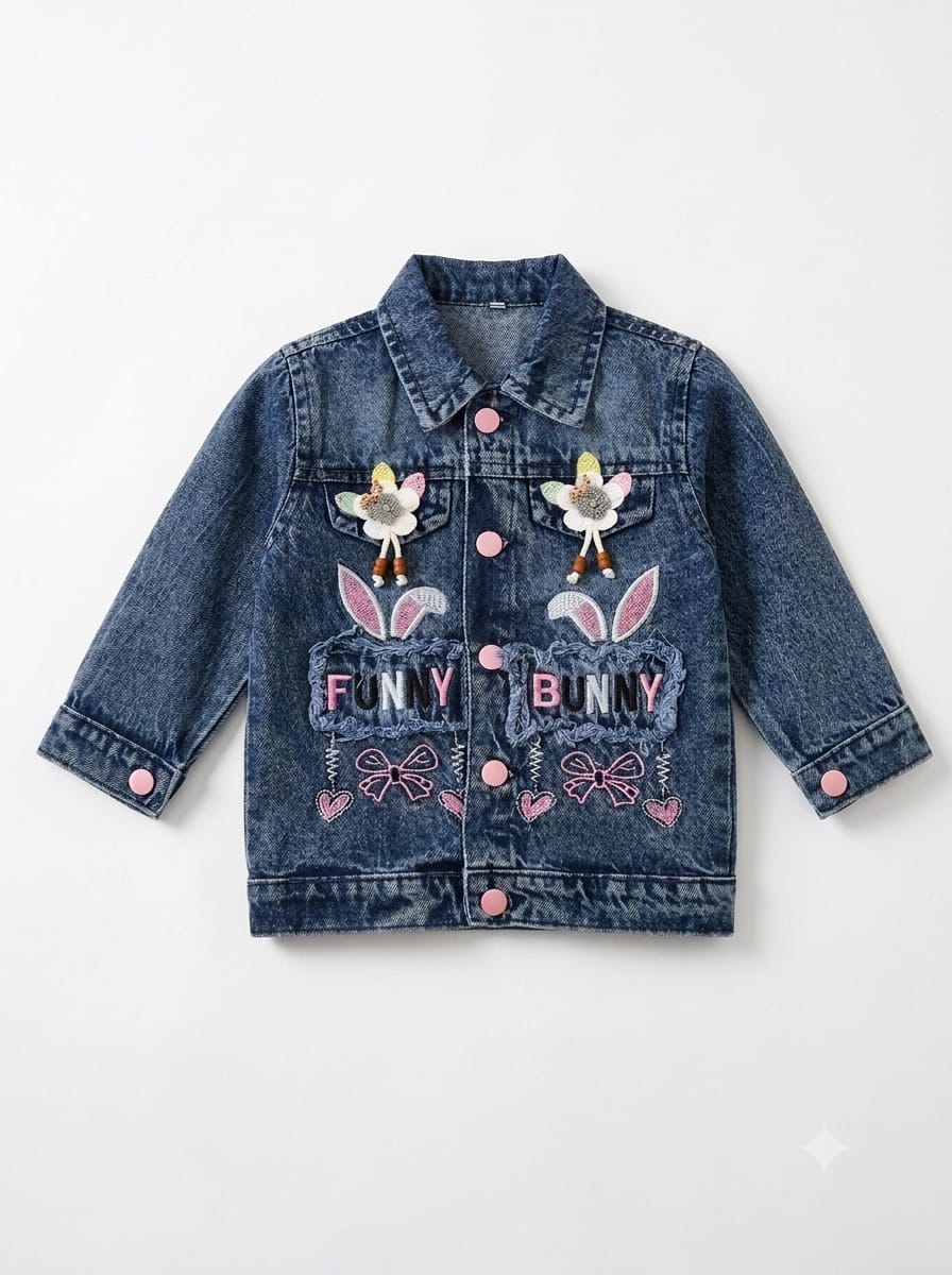 GIRLS EMBROIDERED DENIM JACKET - NAVY BLUE